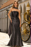 Two-Piece Black White Dots Mermaid Satin Long Prom Dress with a Neck Scarf