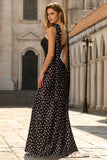 Two-Piece Black White Dots Mermaid Satin Long Prom Dress with a Neck Scarf
