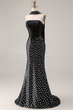 Black White Dots Mermaid Satin Prom Dress with a Neck Scarf