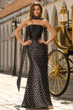 White Black Dots Two-Piece Mermaid Satin Long Prom Dress with a Neck Scarf
