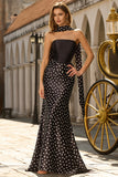White Black Dots Two-Piece Mermaid Satin Long Prom Dress with a Neck Scarf