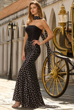 White Black Dots Two-Piece Mermaid Satin Long Prom Dress with a Neck Scarf