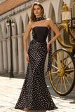 White Black Dots Two-Piece Mermaid Satin Long Prom Dress with a Neck Scarf