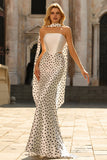 Two-Piece Black White Dots Mermaid Satin Long Prom Dress with a Neck Scarf