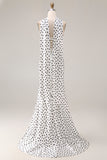Black White Dots Mermaid Satin Prom Dress with a Neck Scarf