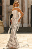 White Black Dots Two-Piece Mermaid Satin Long Prom Dress with a Neck Scarf