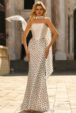 White Black Dots Two-Piece Mermaid Satin Long Prom Dress with a Neck Scarf