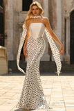 Two-Piece Black White Dots Mermaid Satin Long Prom Dress with a Neck Scarf