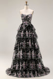 Black Pink Flower Strapless A-Line Tiered Sequin Long Prom Dress with Lace Up Back