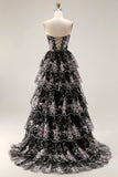 Black Pink Flower Strapless A-Line Tiered Sequin Long Prom Dress with Lace Up Back