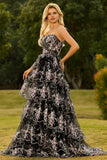 Black Pink Flower Strapless Tiered A-Line Sequin Long Prom Dress with Lace Up Back