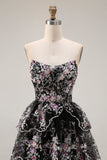 Black Pink Flower Strapless A-Line Tiered Sequin Long Prom Dress with Lace Up Back