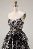 Black Pink Flower Strapless A-Line Tiered Sequin Long Prom Dress with Lace Up Back