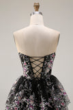 Black Pink Flower Strapless A-Line Tiered Sequin Long Prom Dress with Lace Up Back