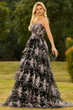 Strapless A-Line White Pink Flower Tiered Sequin Long Prom Dress with Lace Up Back