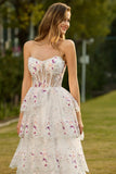 Black Pink Flower Strapless Tiered A-Line Sequin Long Prom Dress with Lace Up Back