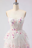 Black Pink Flower Strapless A-Line Tiered Sequin Long Prom Dress with Lace Up Back