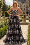 Black Pink Flower A-Line Strapless Tiered Sequin Long Prom Dress with Lace Up Back