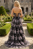 Black Pink Flower A-Line Strapless Tiered Sequin Long Prom Dress with Lace Up Back