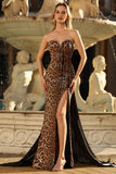 Sparkly Brown Leopard Mermaid Printed Long Formal Dress with Back Large Bow