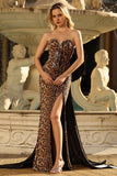 Sparkly Brown Leopard Mermaid Printed Long Formal Dress with Back Large Bow