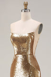 Sparkly Golden Strapless Mermaid Sequin Long Prom Dress with Slit