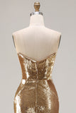Sparkly Golden Strapless Mermaid Sequin Long Prom Dress with Slit