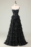 Black and White A Line Strapless Corset Tiered Long Polka Dots Prom Dress with Ruffles