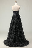 White Black A Line Corset Tiered Polka Dots Ruffled Long Formal Dress with Slit