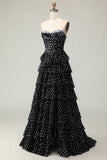 White Black A Line Corset Tiered Polka Dots Ruffled Long Formal Dress with Slit