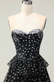 White Black A Line Corset Tiered Polka Dots Ruffled Long Formal Dress with Slit