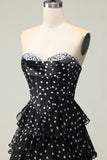 White Black A Line Corset Tiered Polka Dots Ruffled Long Formal Dress with Slit