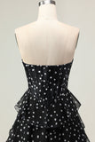 Black and White A Line Strapless Corset Tiered Long Polka Dots Prom Dress with Ruffles