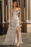 White Black A Line Corset Tiered Polka Dots Ruffled Long Formal Dress with Slit