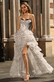 White Black A Line Corset Tiered Polka Dots Ruffled Long Formal Dress with Slit