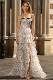 White Black A Line Corset Tiered Polka Dots Ruffled Long Formal Dress with Slit