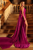 Sparkly Fuchsia Mermaid Halter Sequin Backless Long Prom Dress with Slit