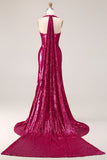 Sparkly Fuchsia Mermaid Halter Sequin Backless Long Prom Dress with Slit