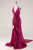 Sparkly Fuchsia Mermaid Halter Sequin Backless Long Prom Dress with Slit