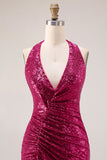 Sparkly Fuchsia Mermaid Halter Sequin Backless Long Prom Dress with Slit