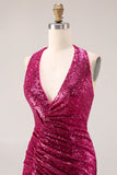 Sparkly Fuchsia Mermaid Halter Sequin Backless Long Prom Dress with Slit