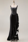 Black White Dots Two-Piece Mermaid Square Neck Satin Long Prom Dress with Ruffle Slit