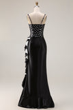 White Black Dot Mermaid Satin Corset Long Formal Dress with Ruffle Slit