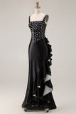 White Black Dot Mermaid Satin Corset Long Formal Dress with Ruffle Slit