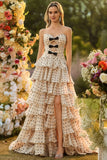 Apricot Black Dot A Line Strapless Tiered Ruffle Cut Out Long Prom Dress with Slit