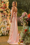 Sparkly Blush Halter Mermaid Side Slit Sequin Long Prom Dress with Large Bow