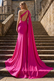 Glitter Fuchsia Mermaid One Shoulder Beaded Ruched Long Prom Dress with Slit