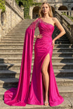 Glitter Fuchsia Mermaid One Shoulder Beaded Ruched Long Prom Dress with Slit