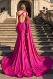 Glitter Fuchsia Mermaid One Shoulder Beaded Ruched Long Prom Dress with Slit