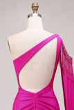 Glitter Fuchsia Mermaid One Shoulder Beaded Ruched Long Prom Dress with Slit